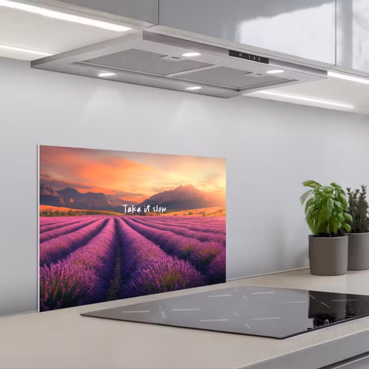 Spatscherm keuken - Lavendelveld - Quote - Zonsondergang — 1