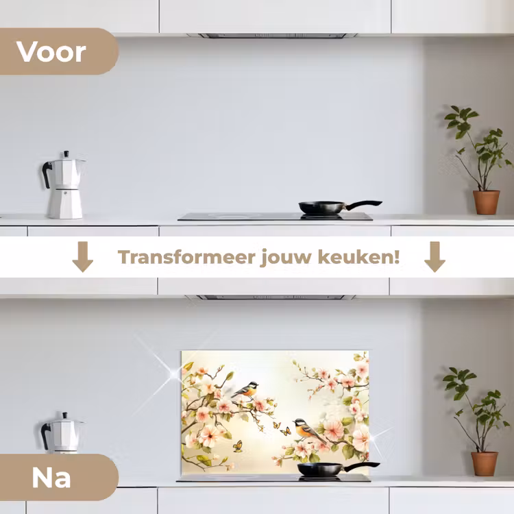 Spatscherm keuken - Takken - Bloemen - Vogeltjes - Roze — 7