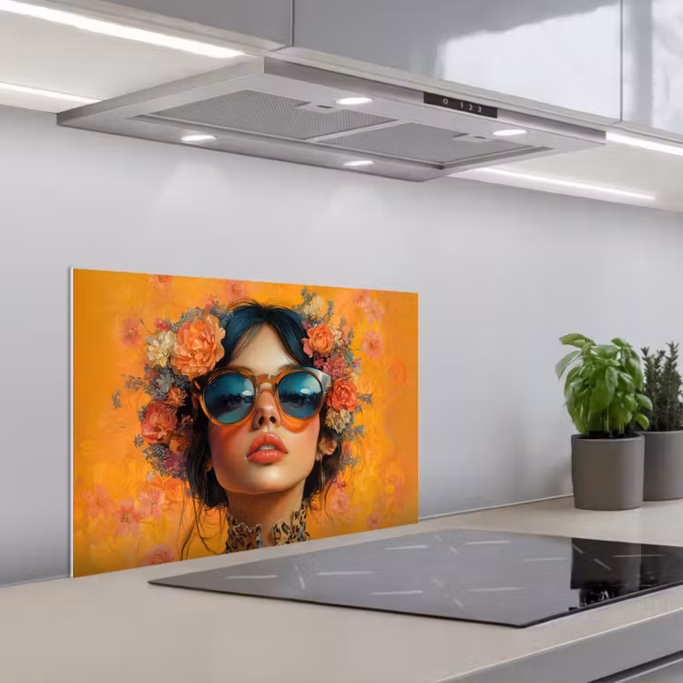 Spatscherm keuken - Vrouw - Bloemen - Aesthetic - Oranje — 1