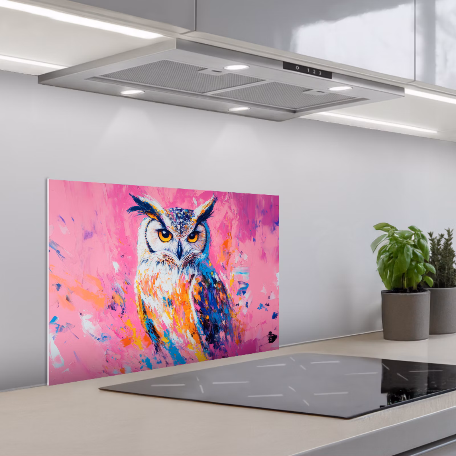 Spatscherm keuken - Uil - Roze - Blauw - Verf - Abstract — 1