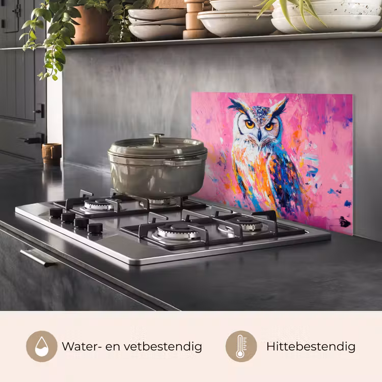 Spatscherm keuken - Uil - Roze - Blauw - Verf - Abstract — 2