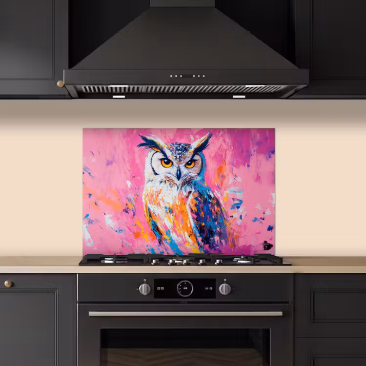 Spatscherm keuken - Uil - Roze - Blauw - Verf - Abstract — 5