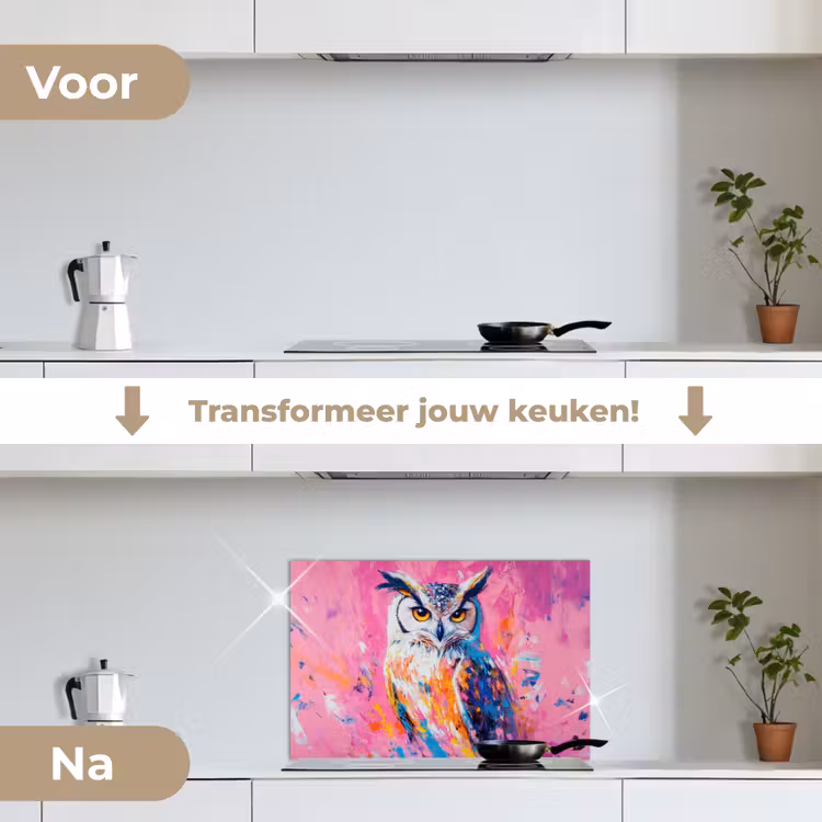 Spatscherm keuken - Uil - Roze - Blauw - Verf - Abstract — 7
