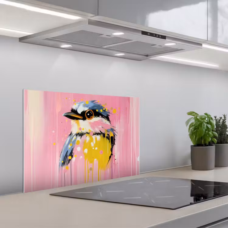 Spatscherm keuken - Vogel - Roze - Geel - Blauw — 1