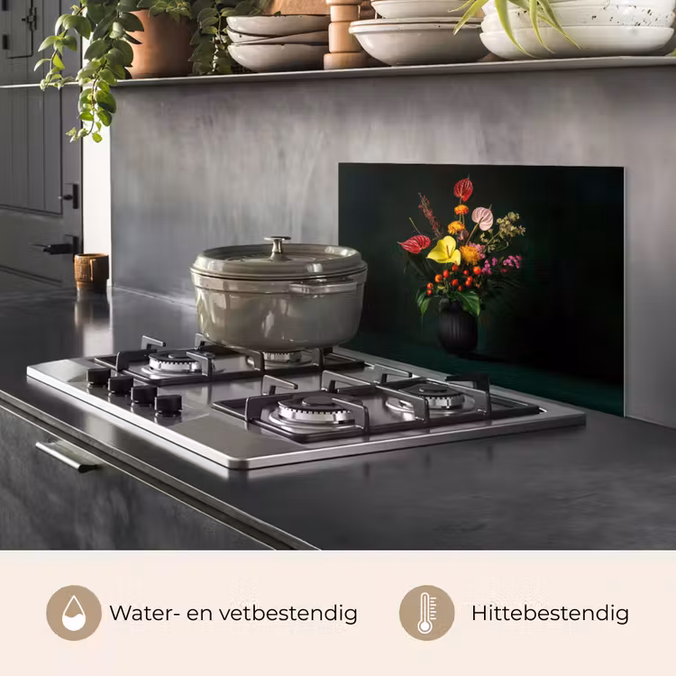 Spatscherm keuken - Bloemen - Vaas - Zwart — 2