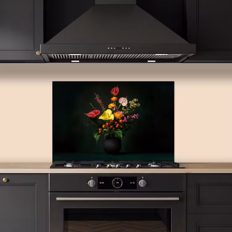 Spatscherm keuken - Bloemen - Vaas - Zwart — 5