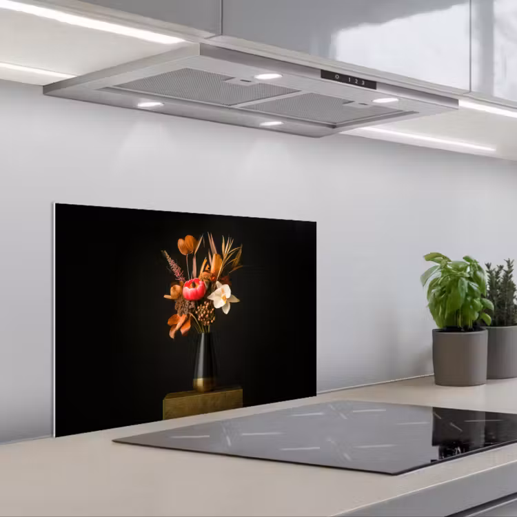 Spatscherm keuken - Boeket - Oranje - Gouden - vaas — 1