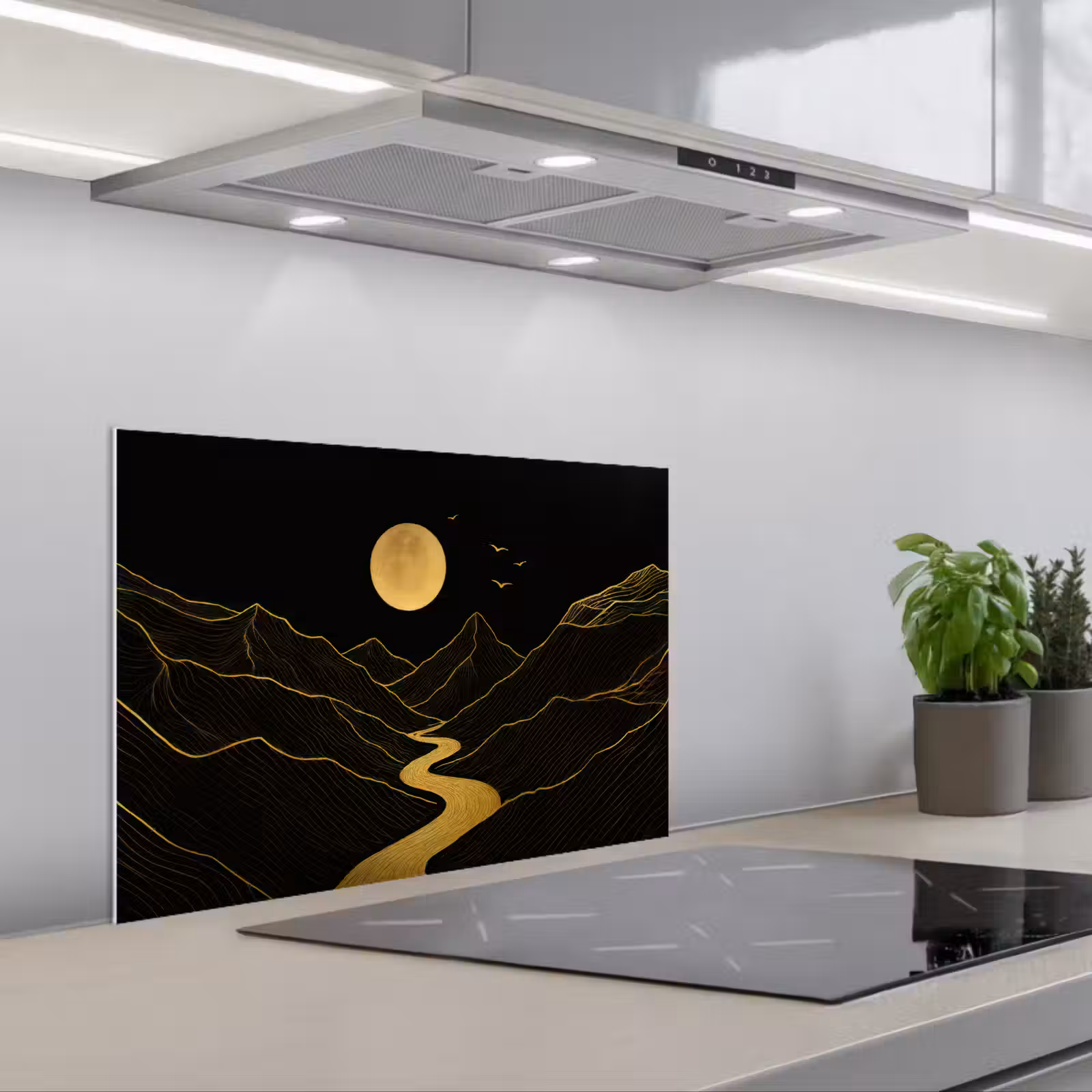 Spatscherm keuken - Rivier - Goud - Maan - Vogels — 1