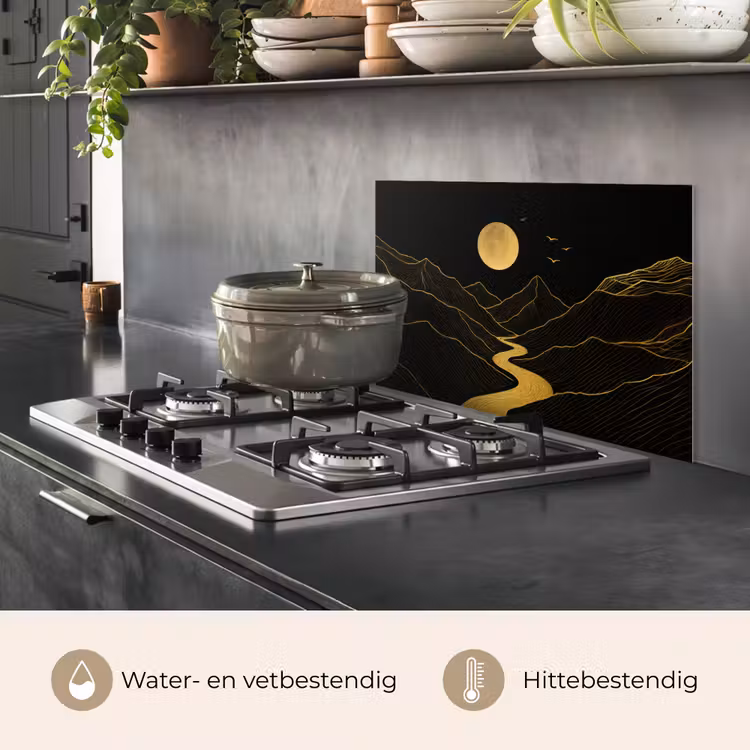 Spatscherm keuken - Rivier - Goud - Maan - Vogels — 2