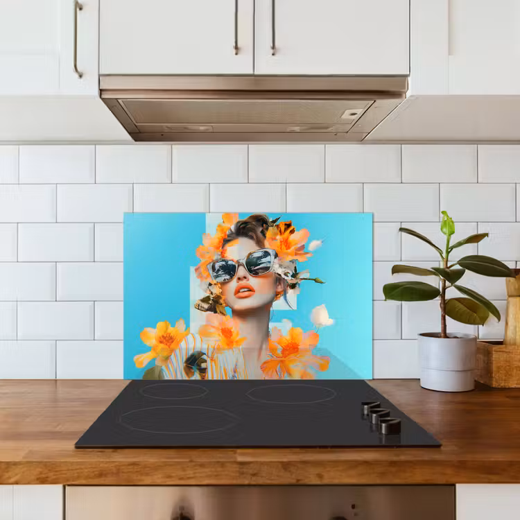 Spatscherm keuken - Bloemen - Vrouw - Zonnebril - Blauw — 3