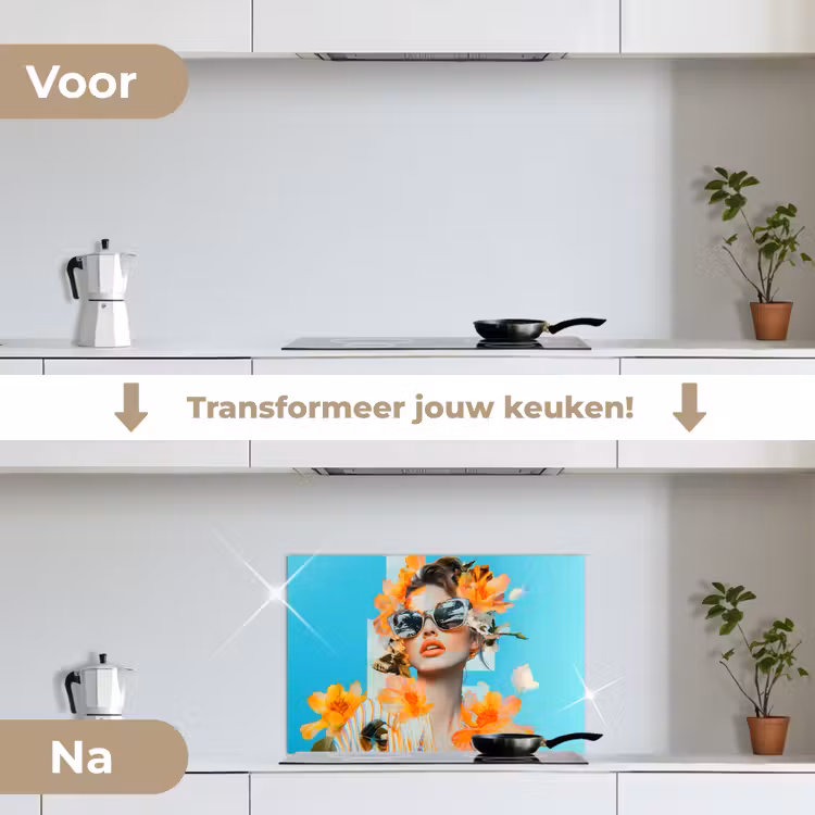 Spatscherm keuken - Bloemen - Vrouw - Zonnebril - Blauw — 7