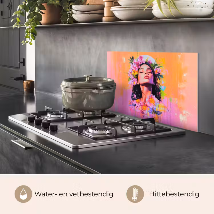 Spatscherm keuken - Portret - Bloemenkroon - Vrouw — 2
