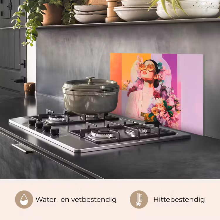 Spatscherm keuken - Portret - Vrouw - Abstract - Bloemen — 2