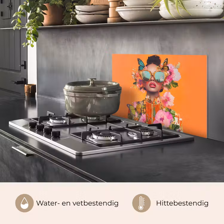 Spatscherm keuken - Vlinders - Vrouw - Zonnebril - Kleurrijk — 2