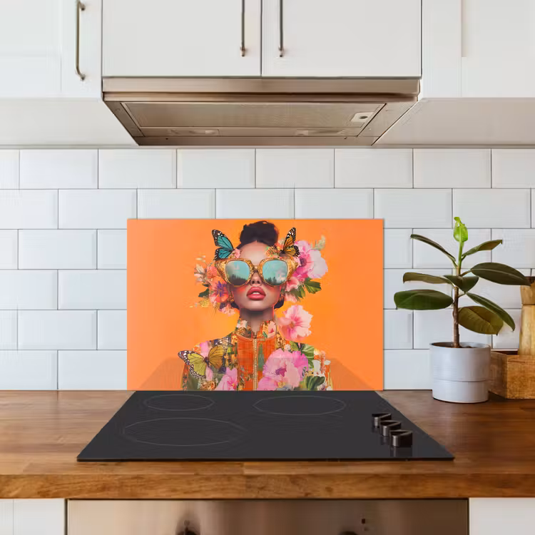 Spatscherm keuken - Vlinders - Vrouw - Zonnebril - Kleurrijk — 3