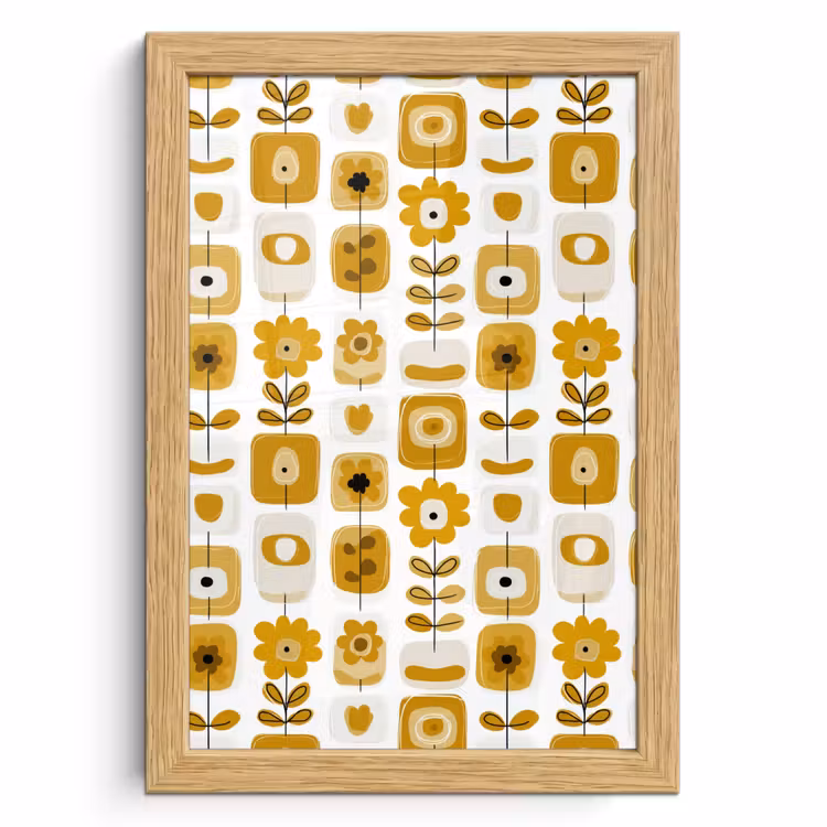 Poster met lijst - Retro - Abstract - Bloemen - Okergeel — 1
