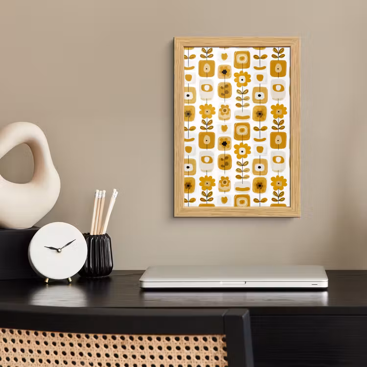 Poster met lijst - Retro - Abstract - Bloemen - Okergeel — 2
