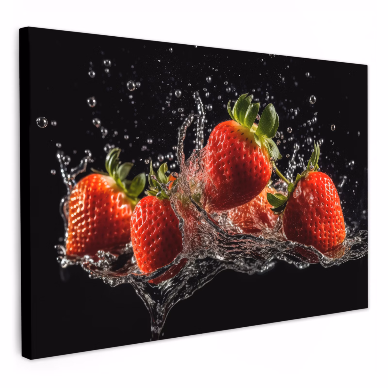 Canvas schilderij - Aardbeien - Fruit - Rood - Water - Zwart — 1