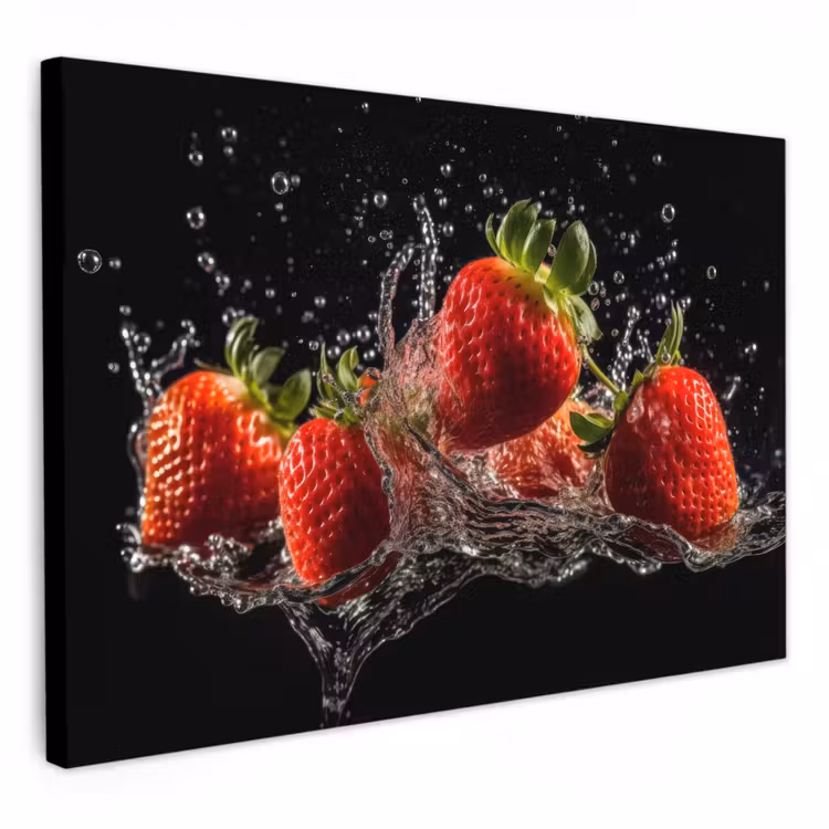 Canvas schilderij - Aardbeien - Fruit - Rood - Water - Zwart — 1