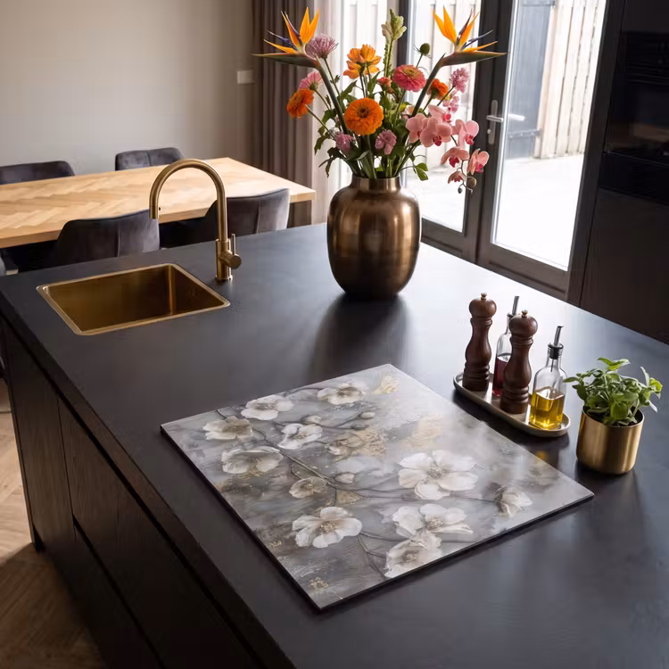 Inductie beschermer - Bloemen - Wit - Grijs - Goud - Luxe — 2