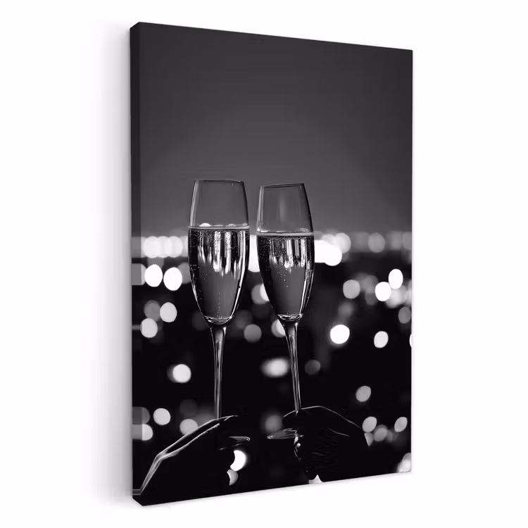 Canvas schilderij - Bubbels - Proosten - Champagneglazen - Stadslichten — 1