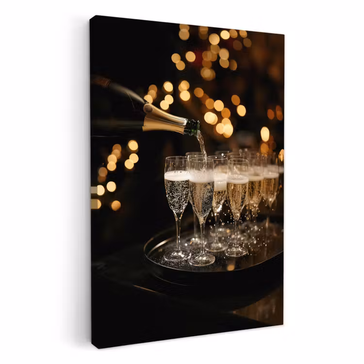 Canvas schilderij - Lichtjes - Champagne - Dienblad - Glazen — 1
