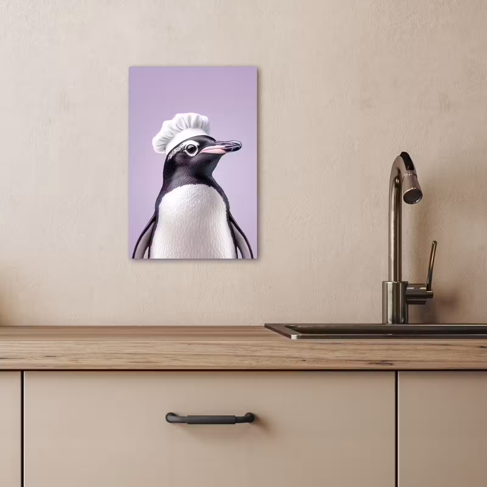 Canvas schilderij - Pinguïn - Koksmuts - Lief - Paars — 1