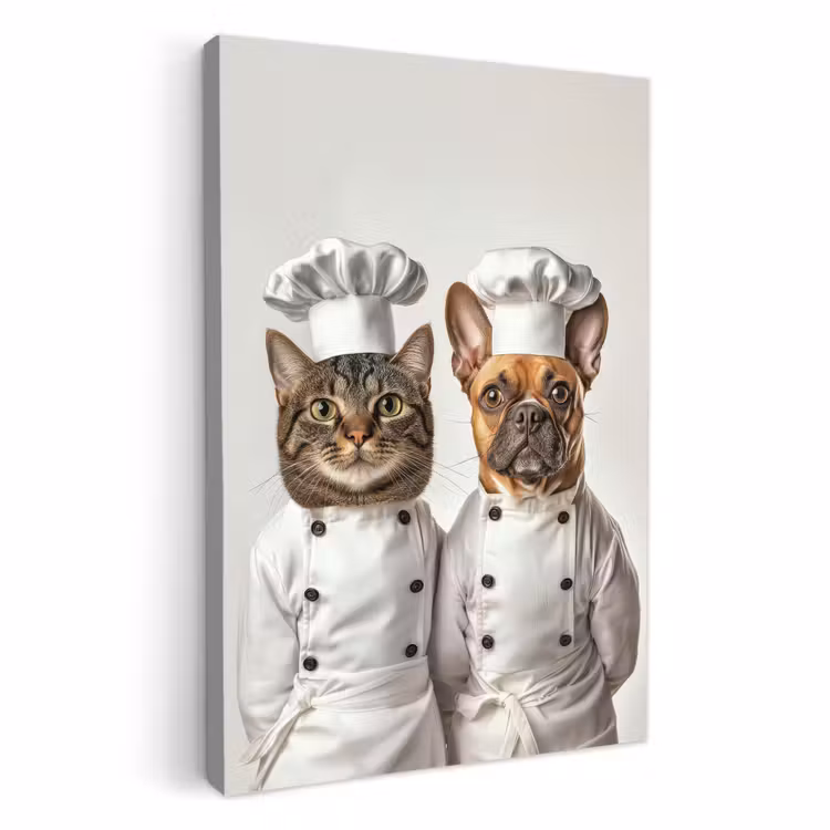 Canvas schilderij - Kat - Hond - Kokskleding — 1