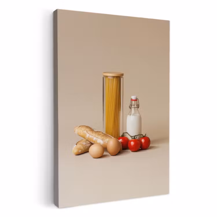 Canvas schilderij - Spaghetti - Melk - Tomaten - Eieren - Brood — 2