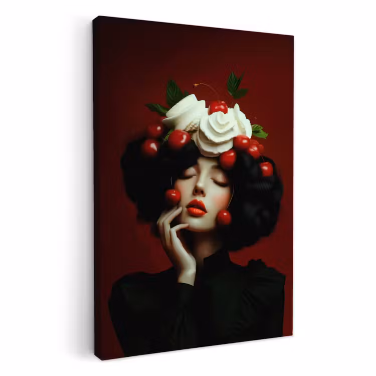 Canvas schilderij - Vrouw - Kersen - Slagroom — 1