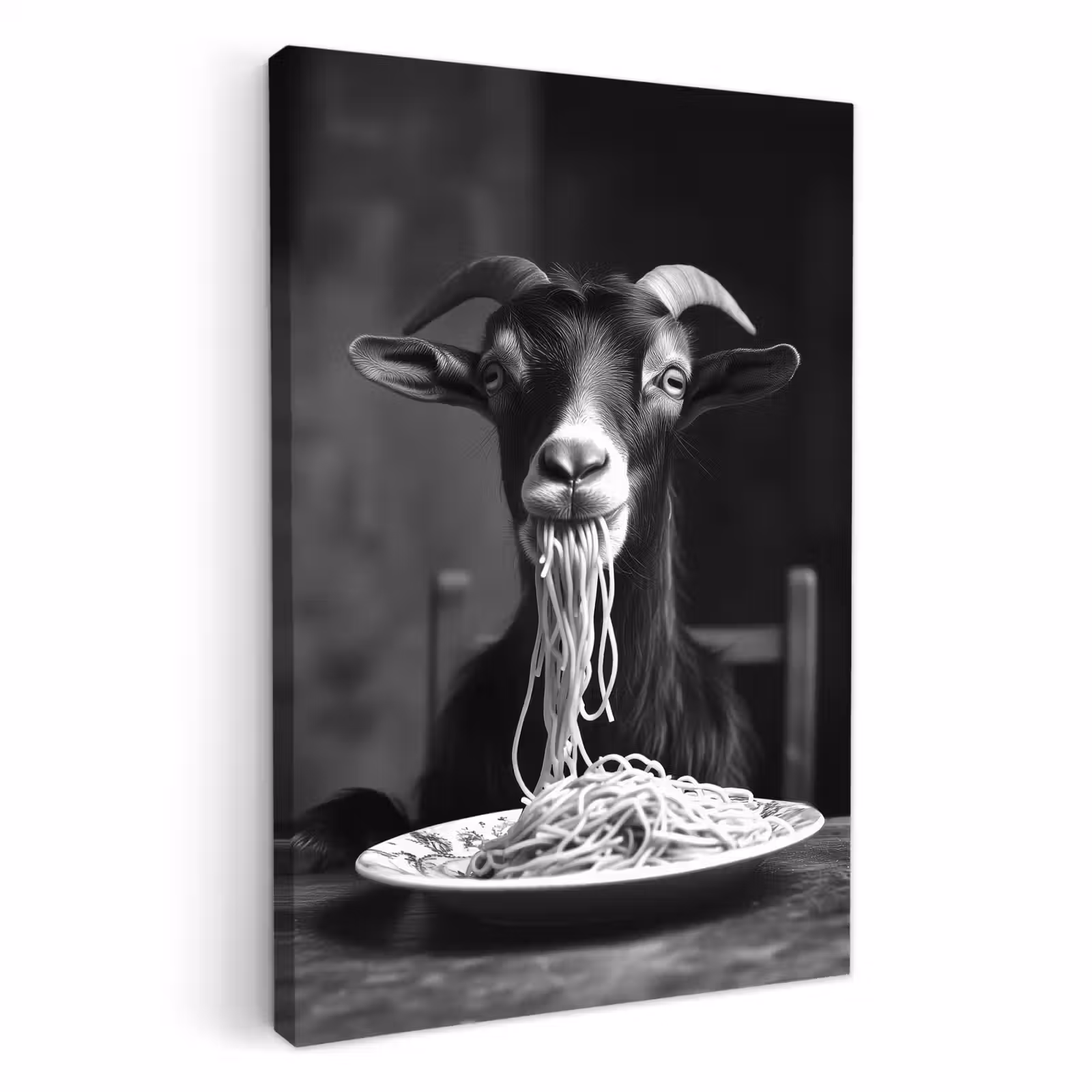 Canvas schilderij - Geit - Bord - Spaghetti - Zwart Wit — 1