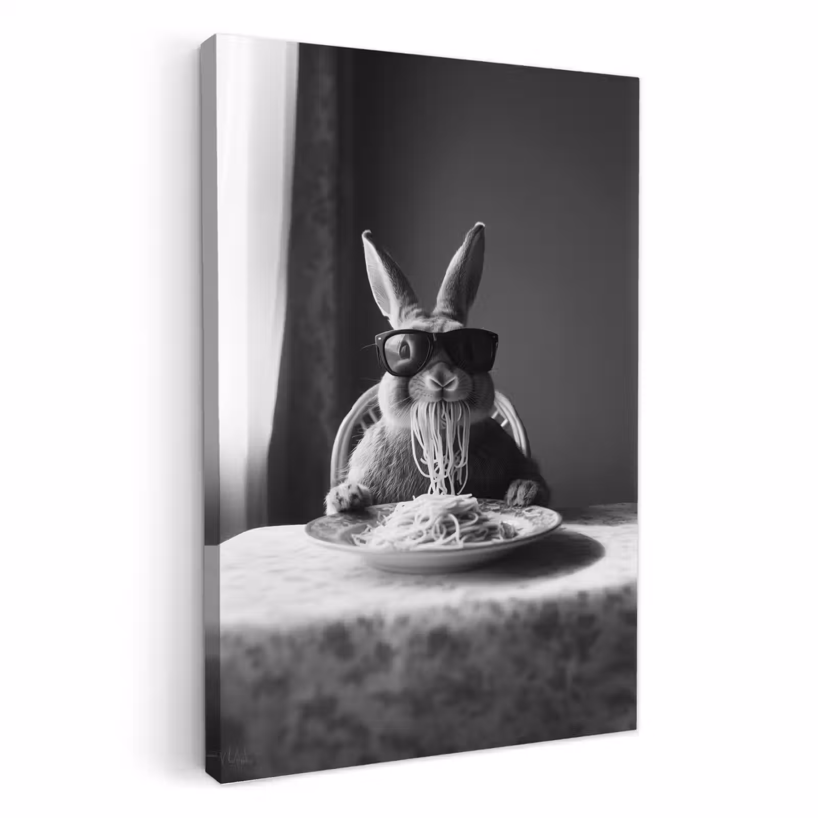 Canvas schilderij - Konijn - Bunny - Zonnebril - Tafelkleed - Pasta - Schattig — 1