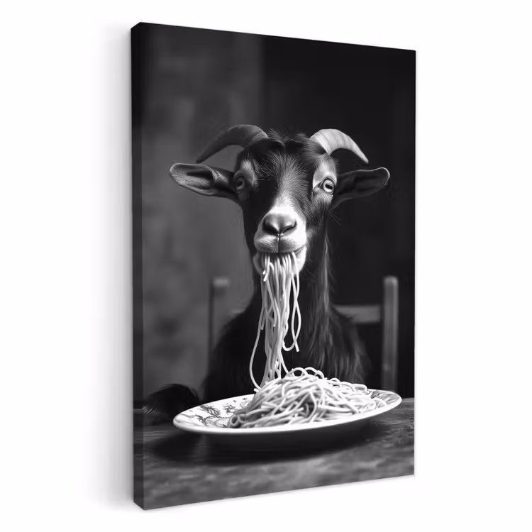 Canvas schilderij - Geit - Bord - Spaghetti - Zwart Wit — 1