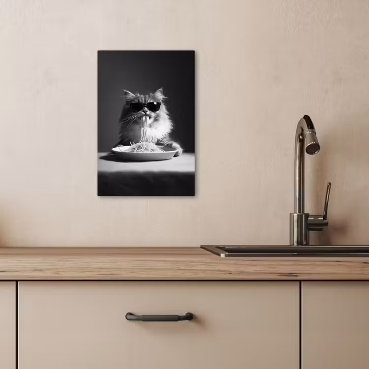 Canvas schilderij - Langharige kat - Zonnebril - Spaghetti - Humor - Zwart - wit — 1