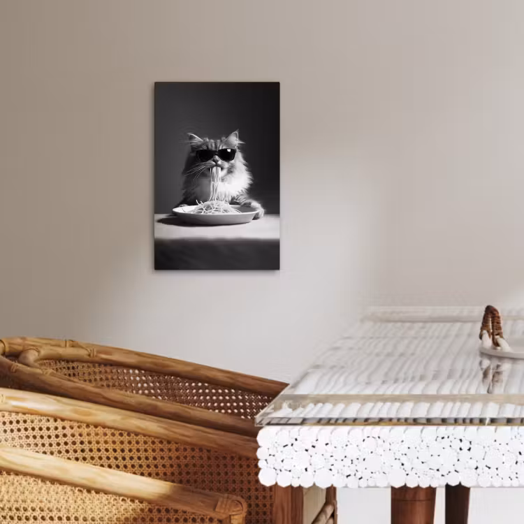 Canvas schilderij - Langharige kat - Zonnebril - Spaghetti - Humor - Zwart - wit — 2
