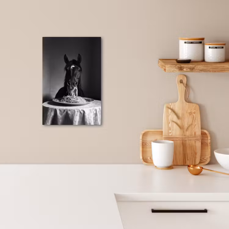 Canvas schilderij - Paard - Bord - Pasta - Tafelkleed - Zwart Wit - Dieren — 5