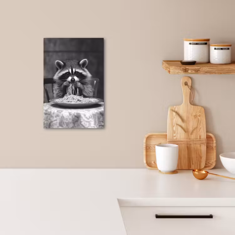 Canvas schilderij - Wasbeer - Cute - Pasta - Tafelkleed - Zwart - Wit — 4