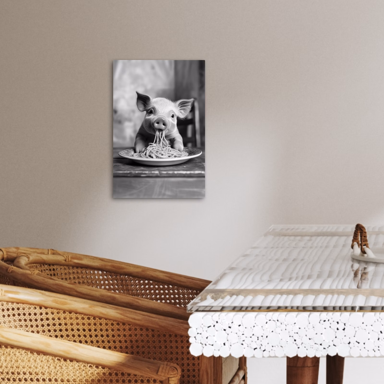 Canvas schilderij - Varken - Schattig - Spaghetti - Zwart wit - Dier — 1
