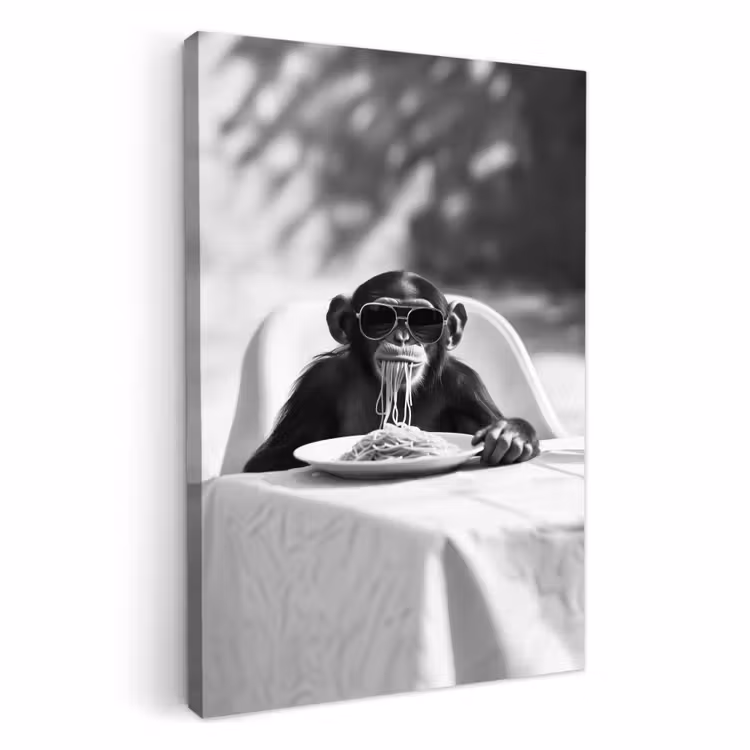 Canvas schilderij - Aap - Spaghetti - Zonnebril - Zwart wit - Cool - Dier — 1