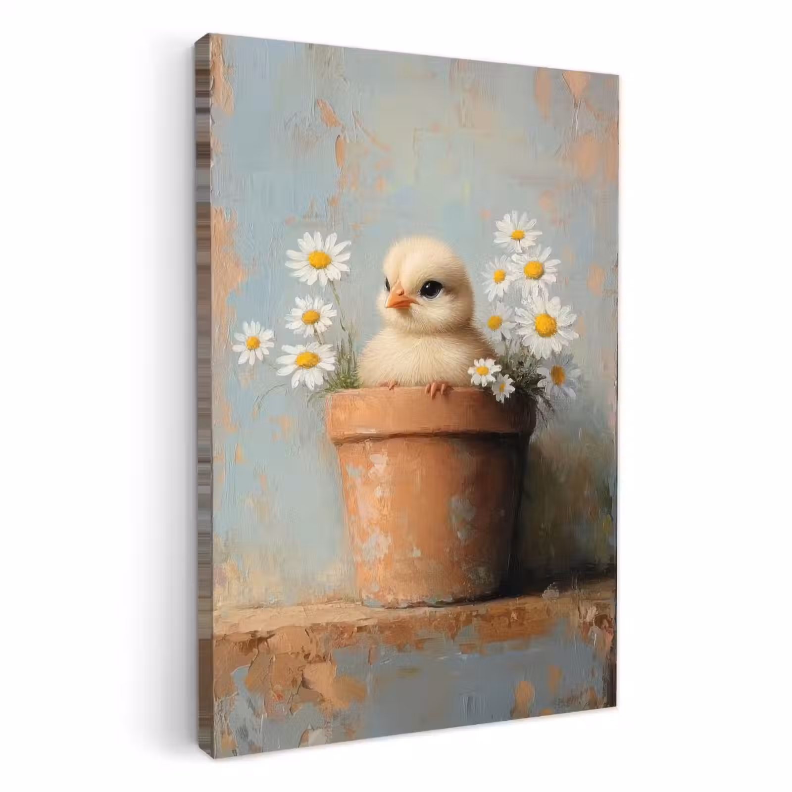 Canvas schilderij - Bloempot - Kuiken - Bloemetjes — 1