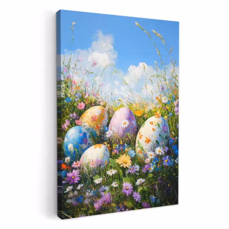 Canvas schilderij - Grasveld - Eieren - Bloemen — 2