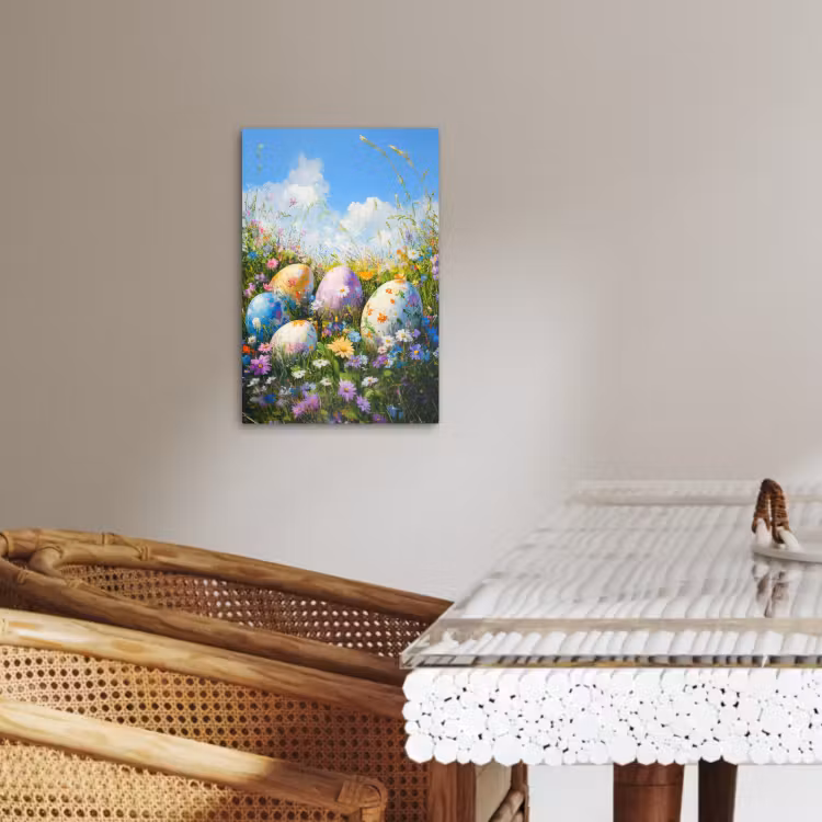 Canvas schilderij - Grasveld - Eieren - Bloemen — 3