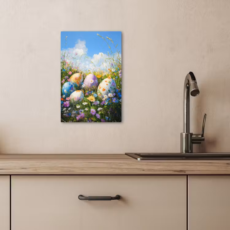 Canvas schilderij - Grasveld - Eieren - Bloemen — 4