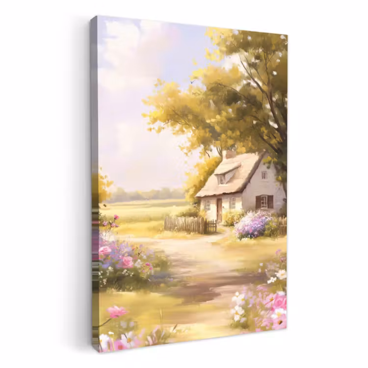 Canvas schilderij - Huisje - Hout - Bloemen — 1