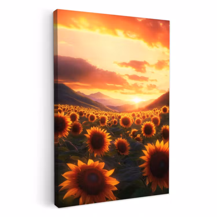 Canvas schilderij - Zonnebloemen - Zonsondergang - Landschap — 3