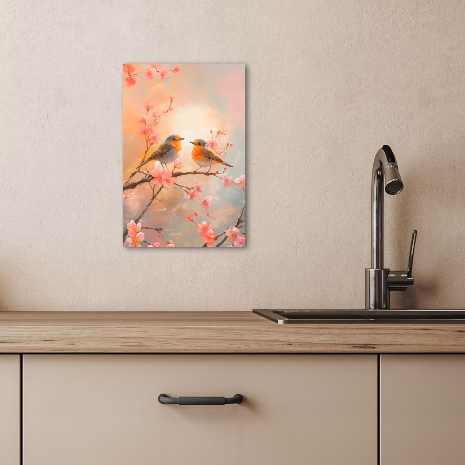 Canvas schilderij - Roodborstjes - Sierlijk - Bloesemtak — 1
