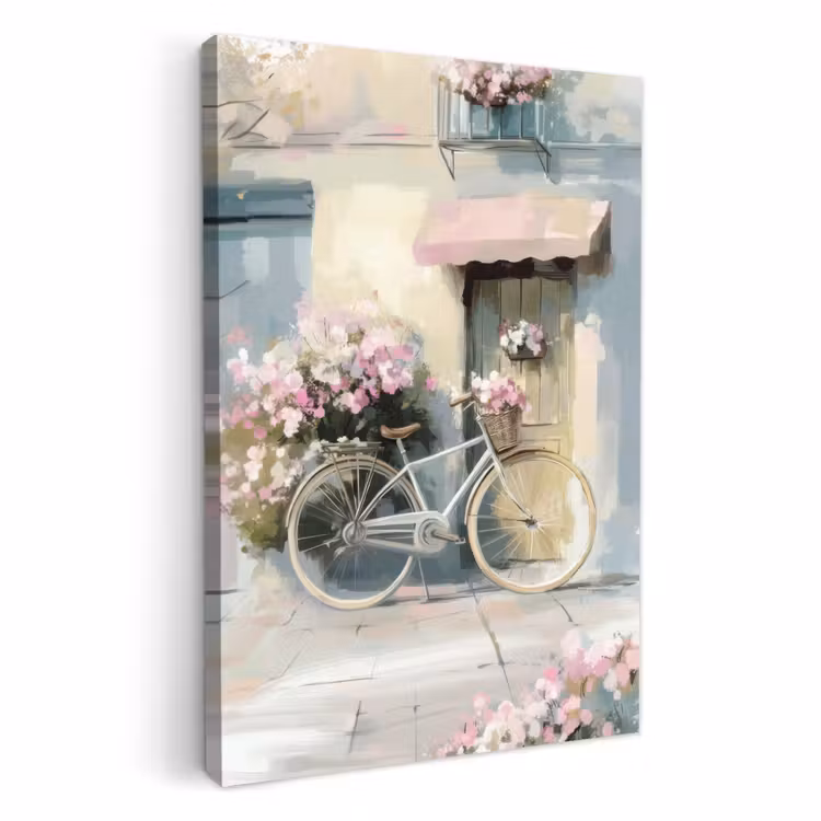 Canvas schilderij - Fiets - Pastelkleuren - Bloemen — 1