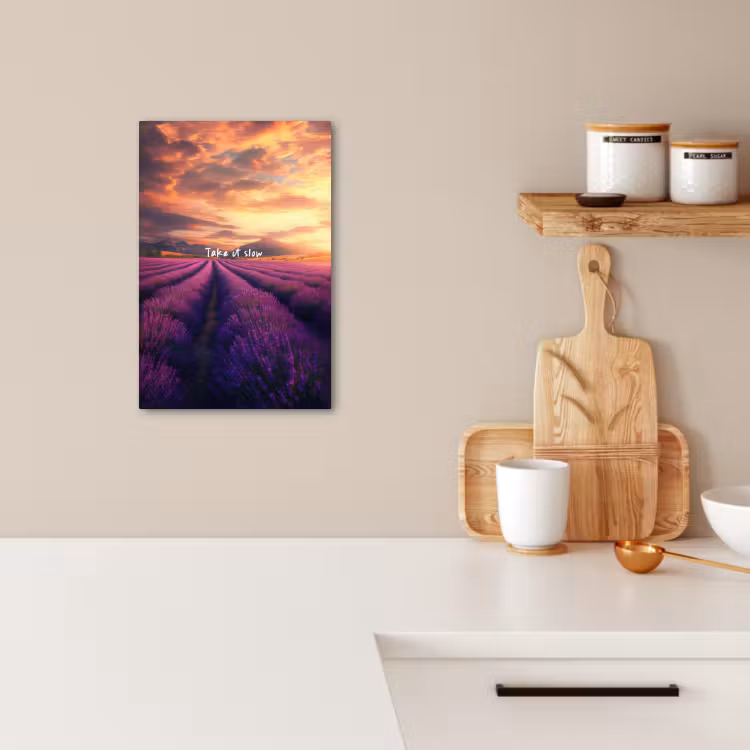 Canvas schilderij - Lavendelveld - Quote - Zonsondergang — 1