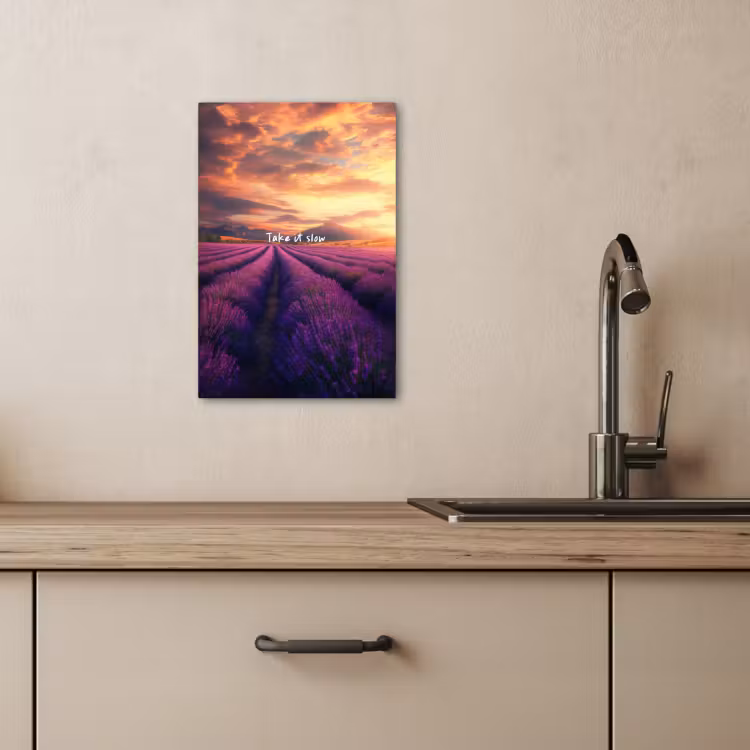 Canvas schilderij - Lavendelveld - Quote - Zonsondergang — 2