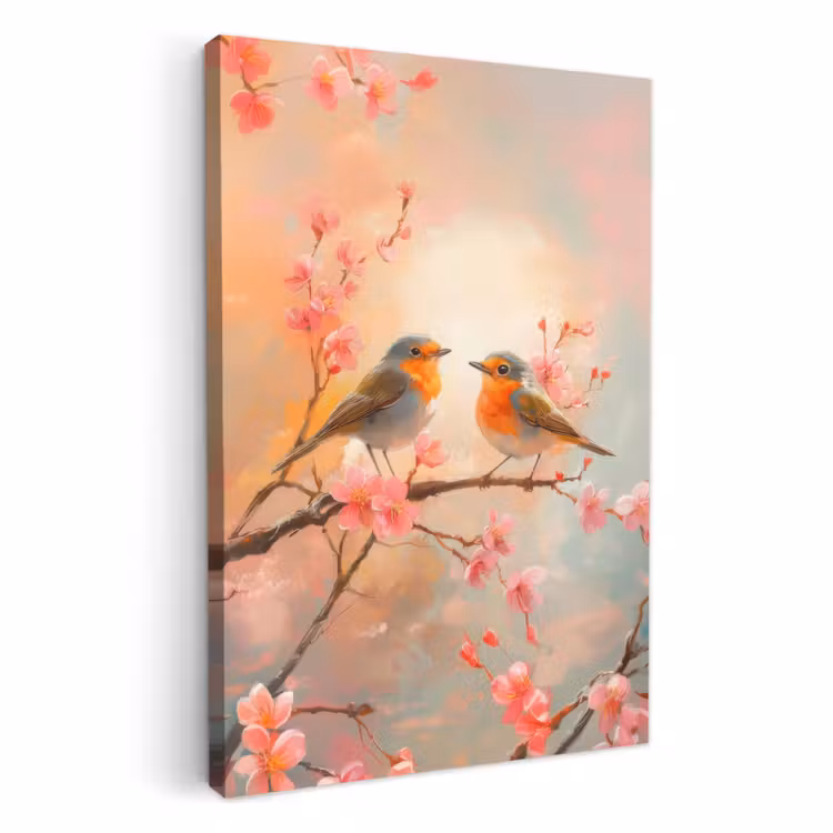 Canvas schilderij - Roodborstjes - Sierlijk - Bloesemtak — 5